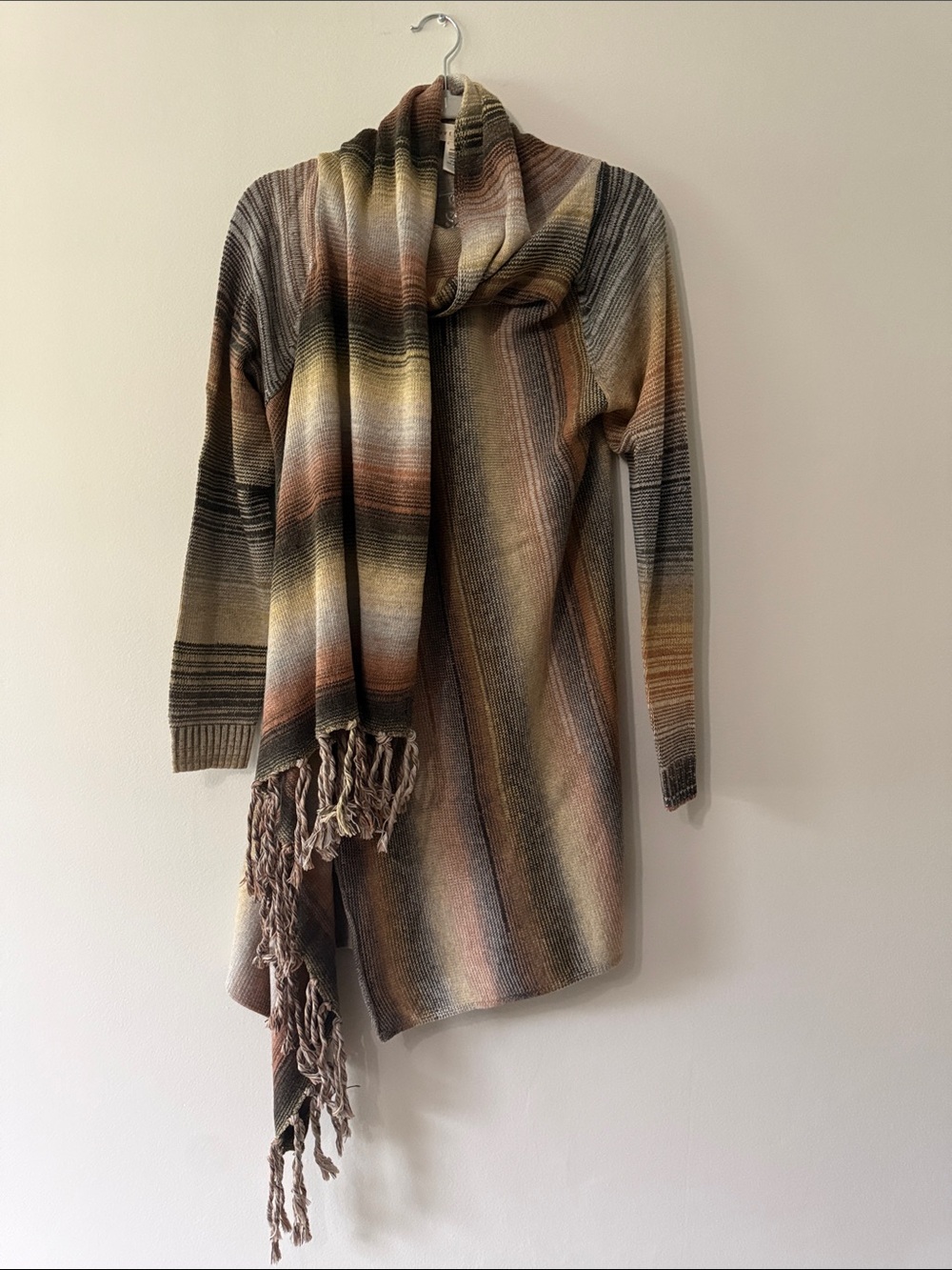 Lovestitch Boho Knit Cardigan Shawl Sweater Fringe Wrap Neutral Striped size L